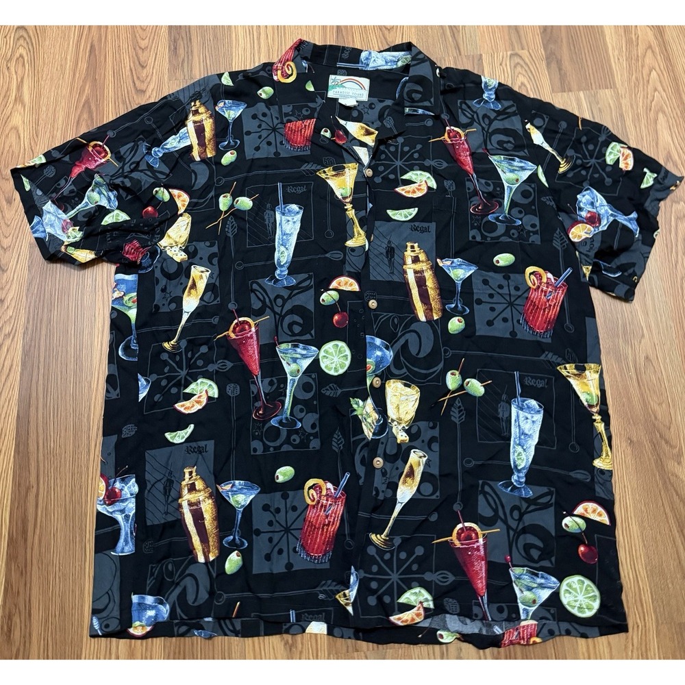 Paradise Found Happy Hour Hawaiian Shirt Mens 2XL Cocktail Martini Rayon